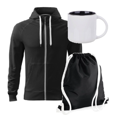 Mikina dvoubarevná se zipem, bytelný velký hrnek, parádní batůžek